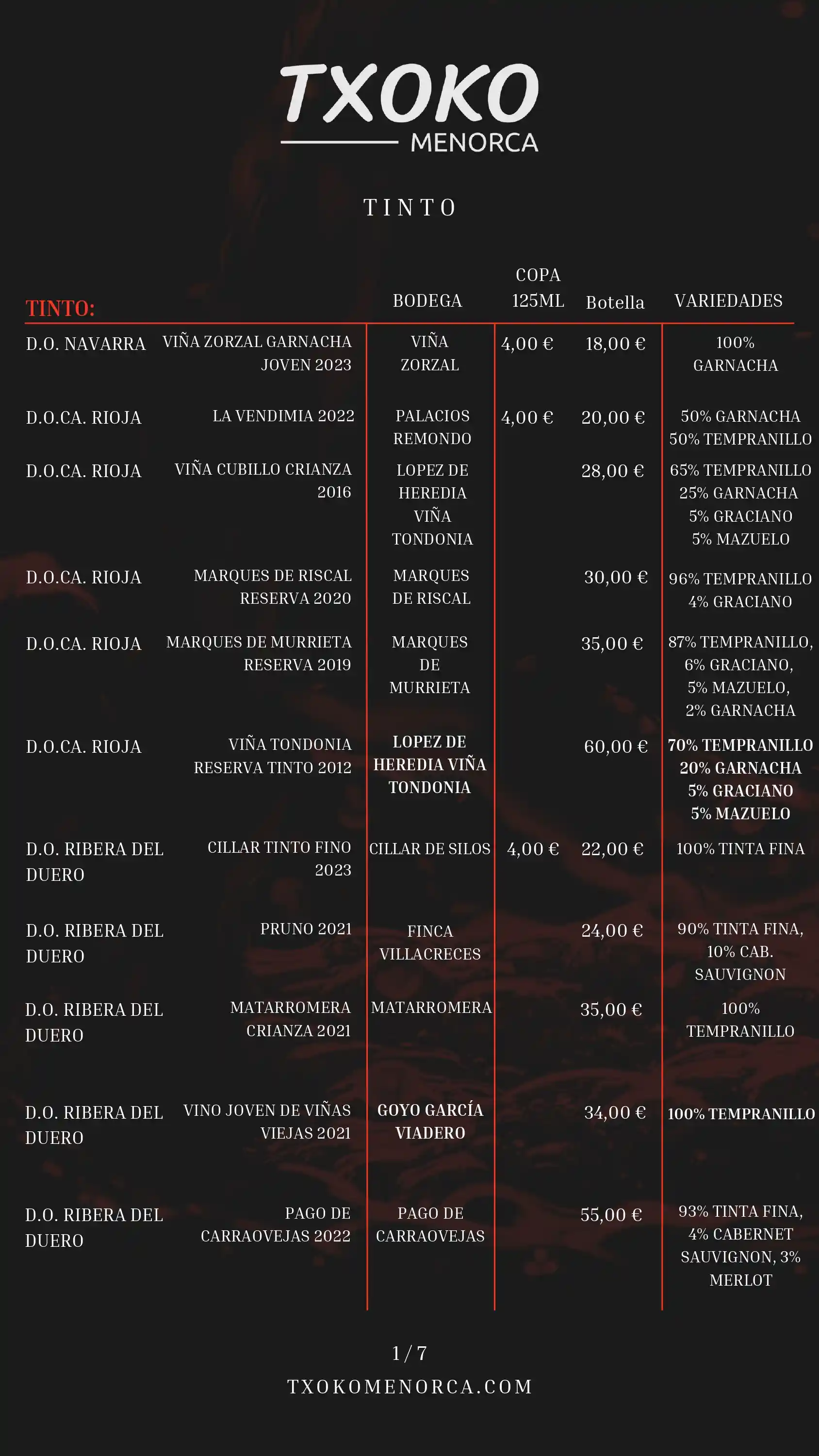 Carta de vinos página 1